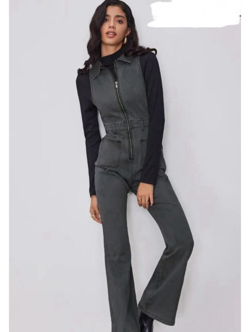 Cider Charcoal Zip-Front Denim Jumpsuit-  New